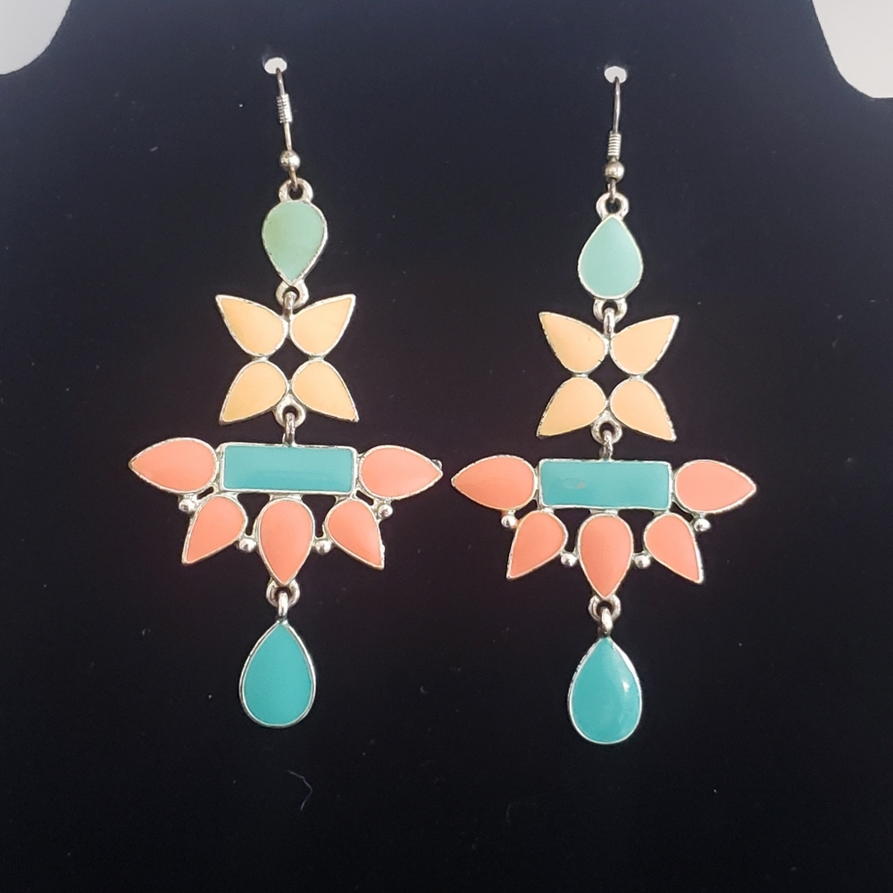 Cute Chic Multicolor Enamel Boho Floral Dangly Earrings 3" Long
